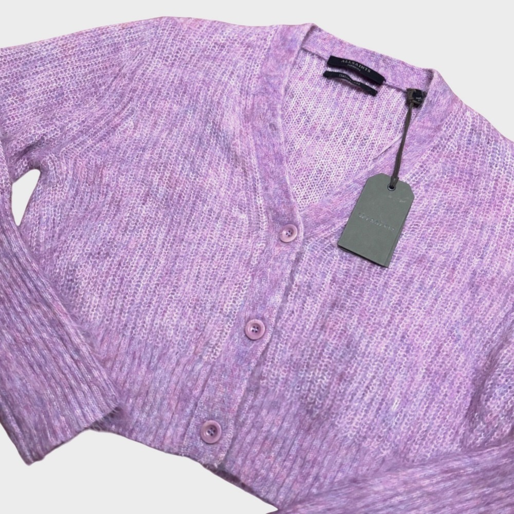 AllSaints Wick Brushed Vneck Cardigan Lilac Mohair Cropped Sweater M NWT $299